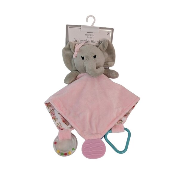 Modern Baby Pink Elephant Lovey Security Blanket Teether Rattle Flower Back NWT - Picture 1 of 5